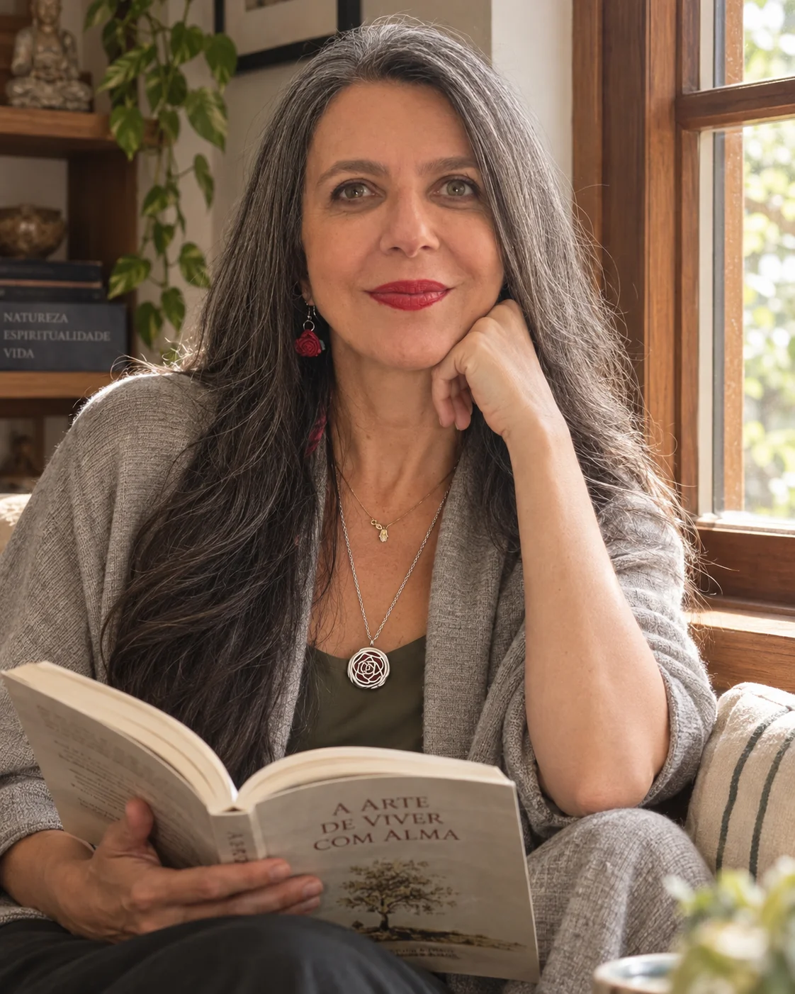 Retrato aprovado de Adriana lendo um livro.