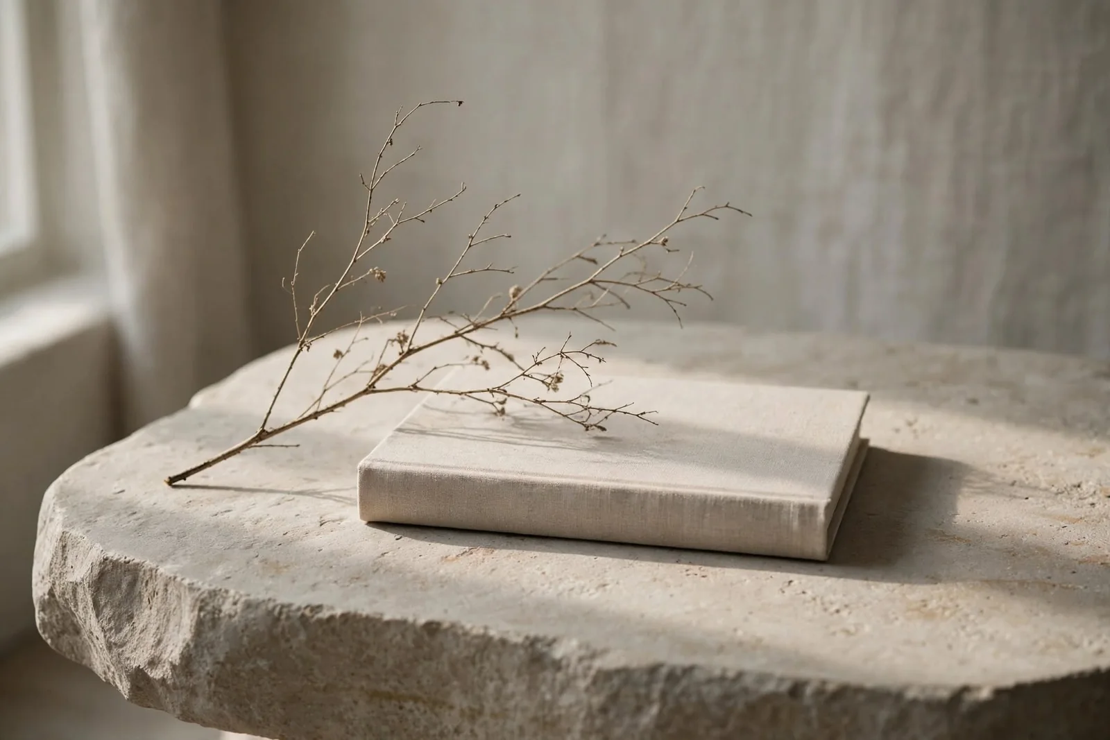 Livro fechado sobre uma mesa de pedra com um ramo seco.