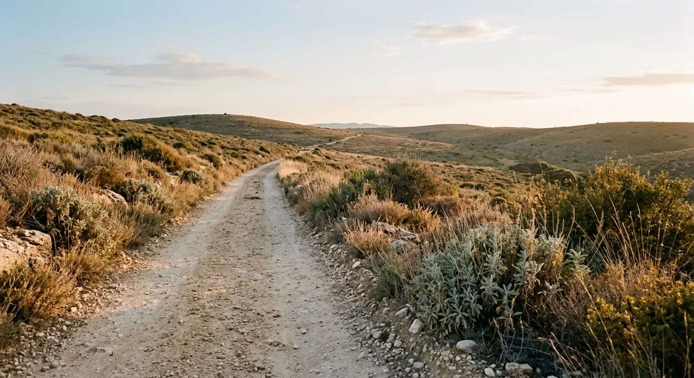 Caminho de terra atravessando uma paisagem de vegetação baixa.