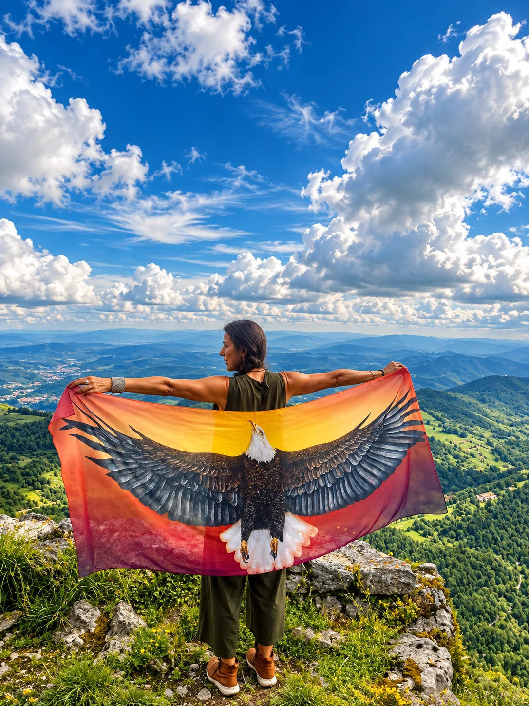 Adriana de costas, com um tecido colorido aberto diante da paisagem.