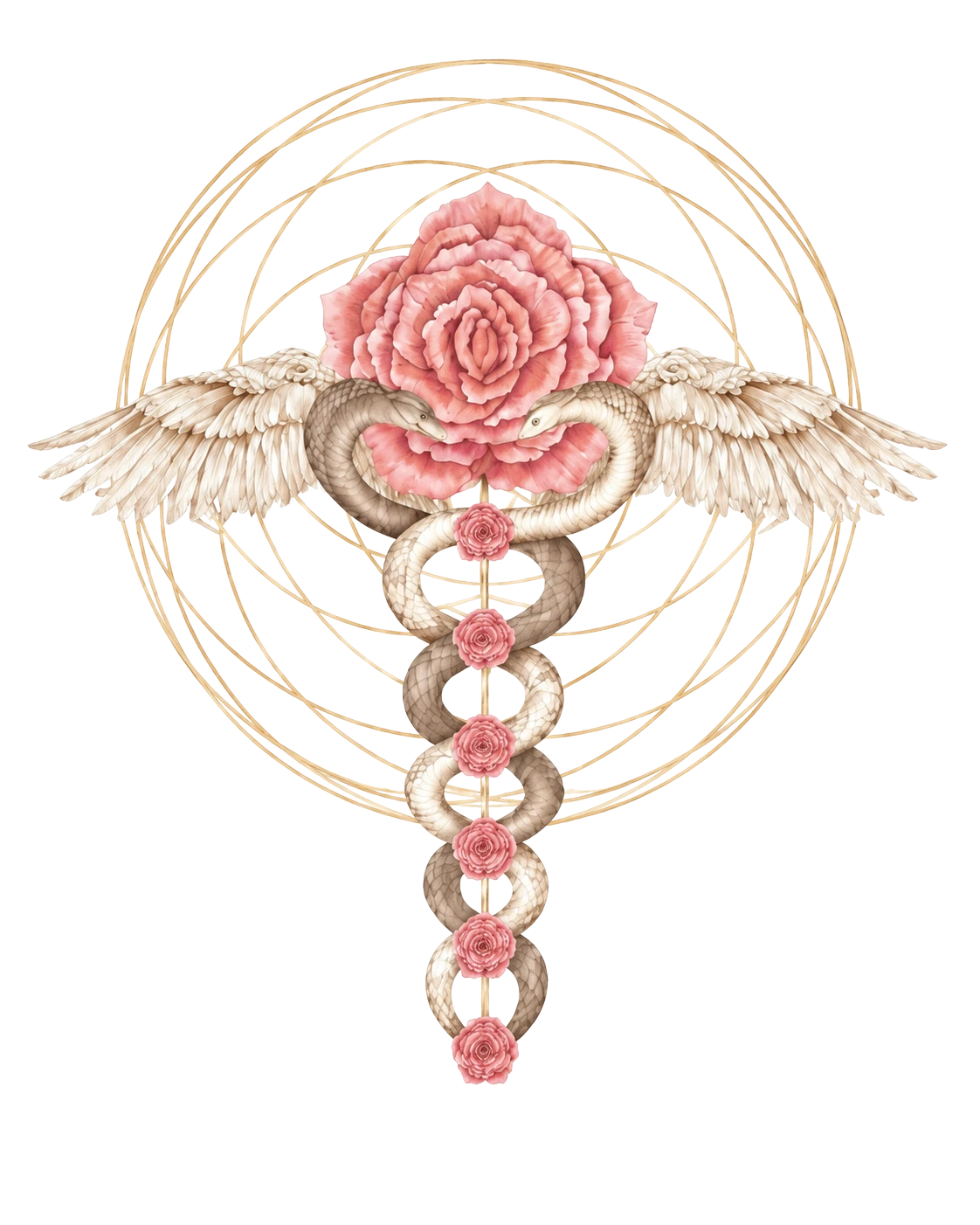 Rosa, asas, serpentes entrelaçadas e círculos dourados.