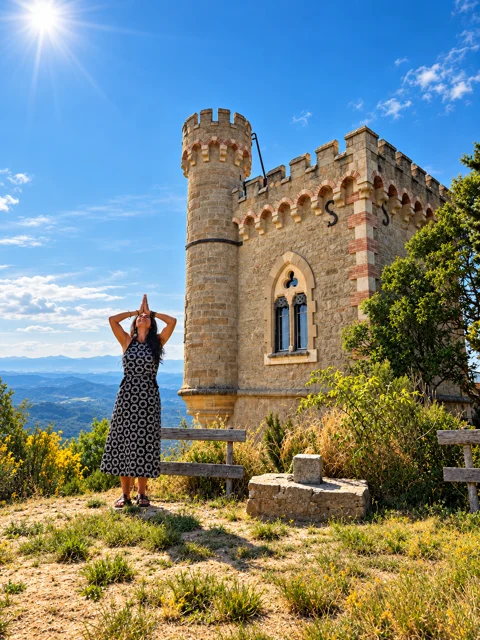 Adriana diante de uma torre de pedra sob o céu azul.
